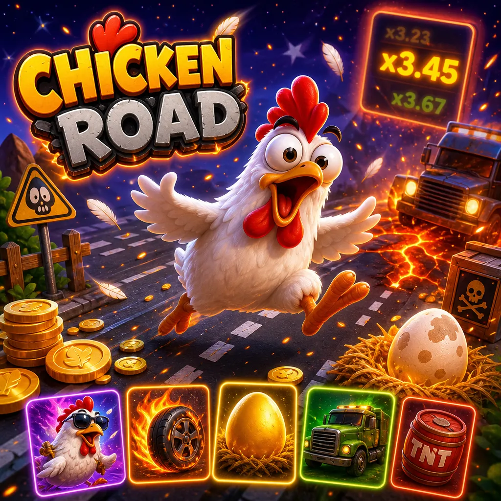 Square promo image featuring Chicken Road slot game elements like chickens, road lanes, and coins with vibrant crash-game ene